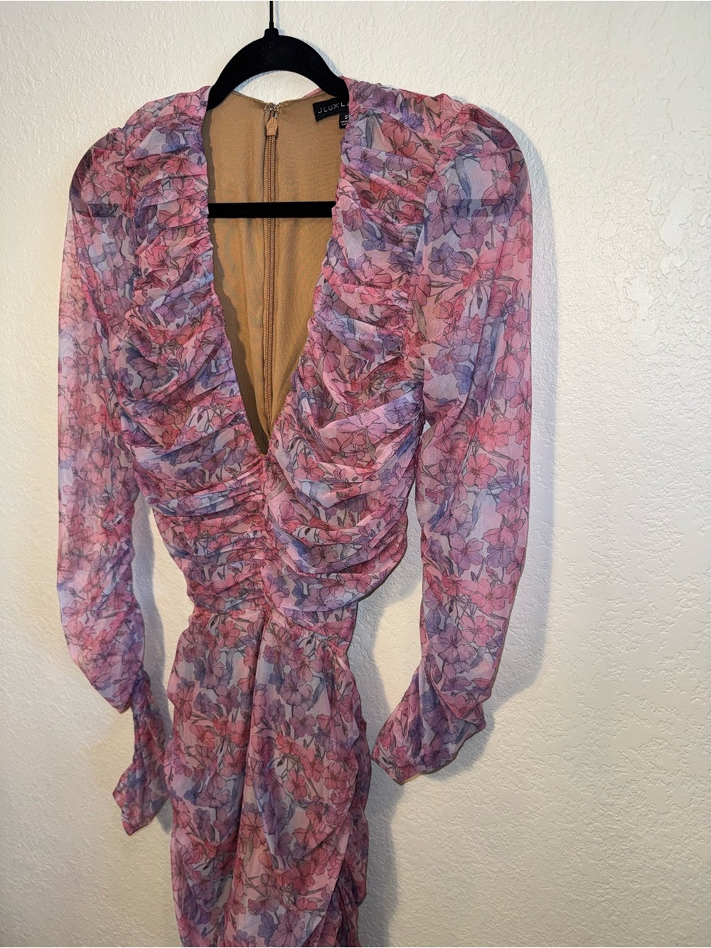 JLUXLABEL Pink & Purple Plunging Neckline Ruched Bodycon Open Back Dress Size S